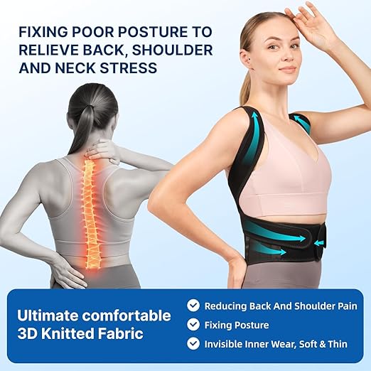 Adjustable Posture Corrector & Back Brace for Women and Men – Full Back and Shoulder Support with Breathable Mesh – Spine Alignment & Neck Pain Relief – Invisible Under Clothes (Black, Medium)