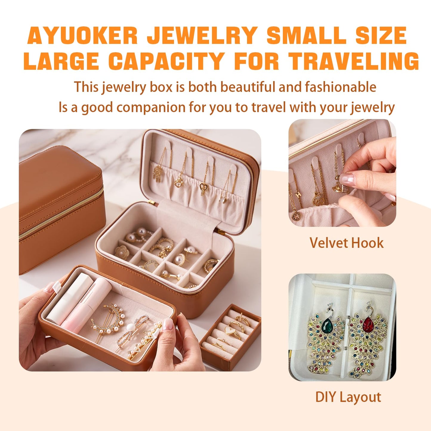 AYUOKER Brown Small Travel Jewelry Box,2 Layers PU Leather Travel Jewelry Box with Double Zippers, Portable Travel Jewelry Organizer for Necklace/Bracelet/Ring/Brooch