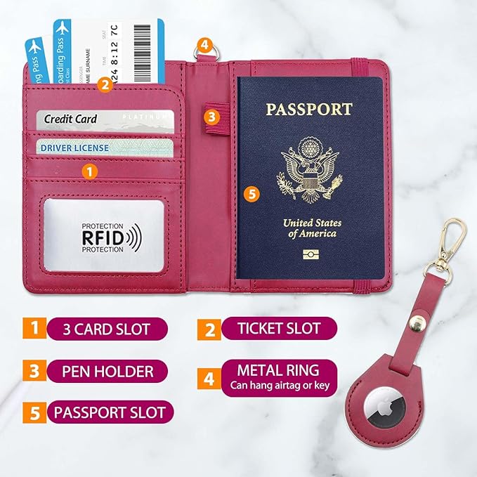 Cnycmy Passport Holder with Airtag,Passport-Wallet-Holder for Women, RFID Passport Holder with Slot Waterproof, PU Leather Travel Passport Case (wine red1)
