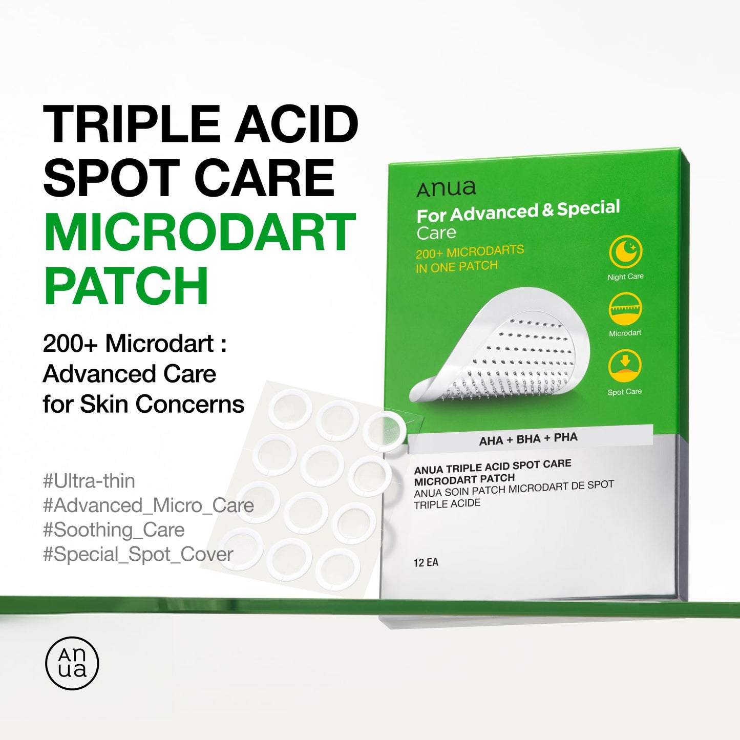 Anua Triple Acid Spot Care Microdart Patch, Deep, Early Stage Spot, 200+ Microdarts with AHA + BHA + PHA, Centella, Hydrocolloid Patch for Overnight, Non-Comedogenic, Korean Skin Care (12ea)
