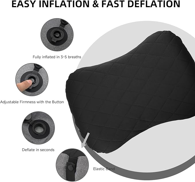 AIRSPIRIT Inflatable Camping Pillow Ultralight Adjustable Firmness, TPU Travel Pillow for Neck & Lumbar Support, Hiking, Backpacking, Airplane, Car Travel & Beach with Removable Washable Cover (Black)