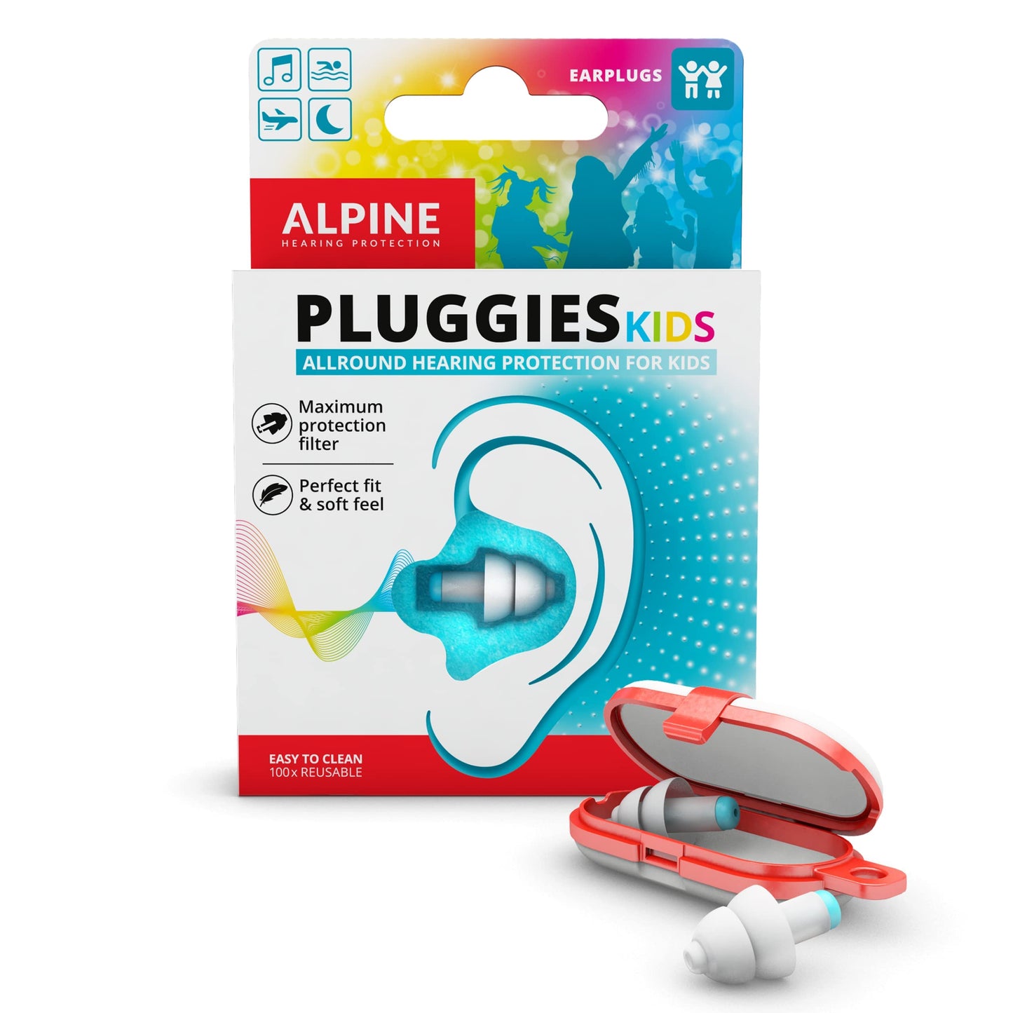 Alpine Pluggies Kids Ear Plugs for Small Ear Canals – Noise Cancelling Earplugs Age 5–12 – Multi-Purpose Ear Protection for Sleep, Flying, School, Swimming – 25dB Reusable Hypoallergenic Filters