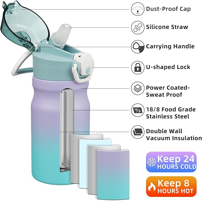 BJPKPK 14oz Insulated Water Bottle With Straw Stainless Steel Double Wall Water Bottles BPA Free Leak Proof Thermo With Lockable Flip Lid,Lavender Green