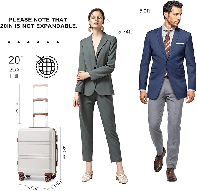 Kono 20'' Carry on Luggage Lightweight with Spinner Wheel TSA Lock Hardside Luggage 20.3" x 15" x 8.3" Carry on Suitcase Cream White