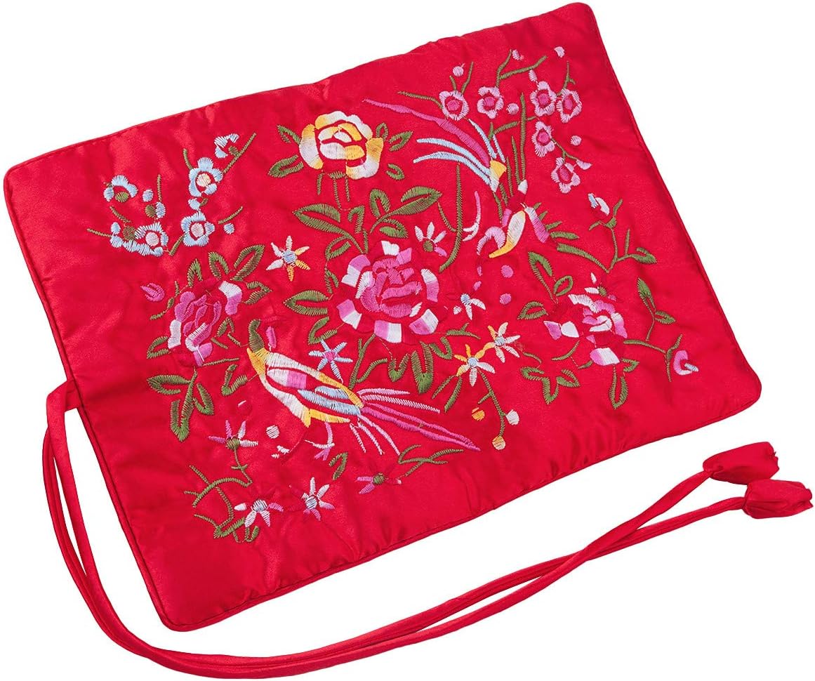 TUMBEELLUWA Embroidery Travel Jewelry Bag Roll Embroidered Flower and Bird Brocade Organizer with Tie Close, Red