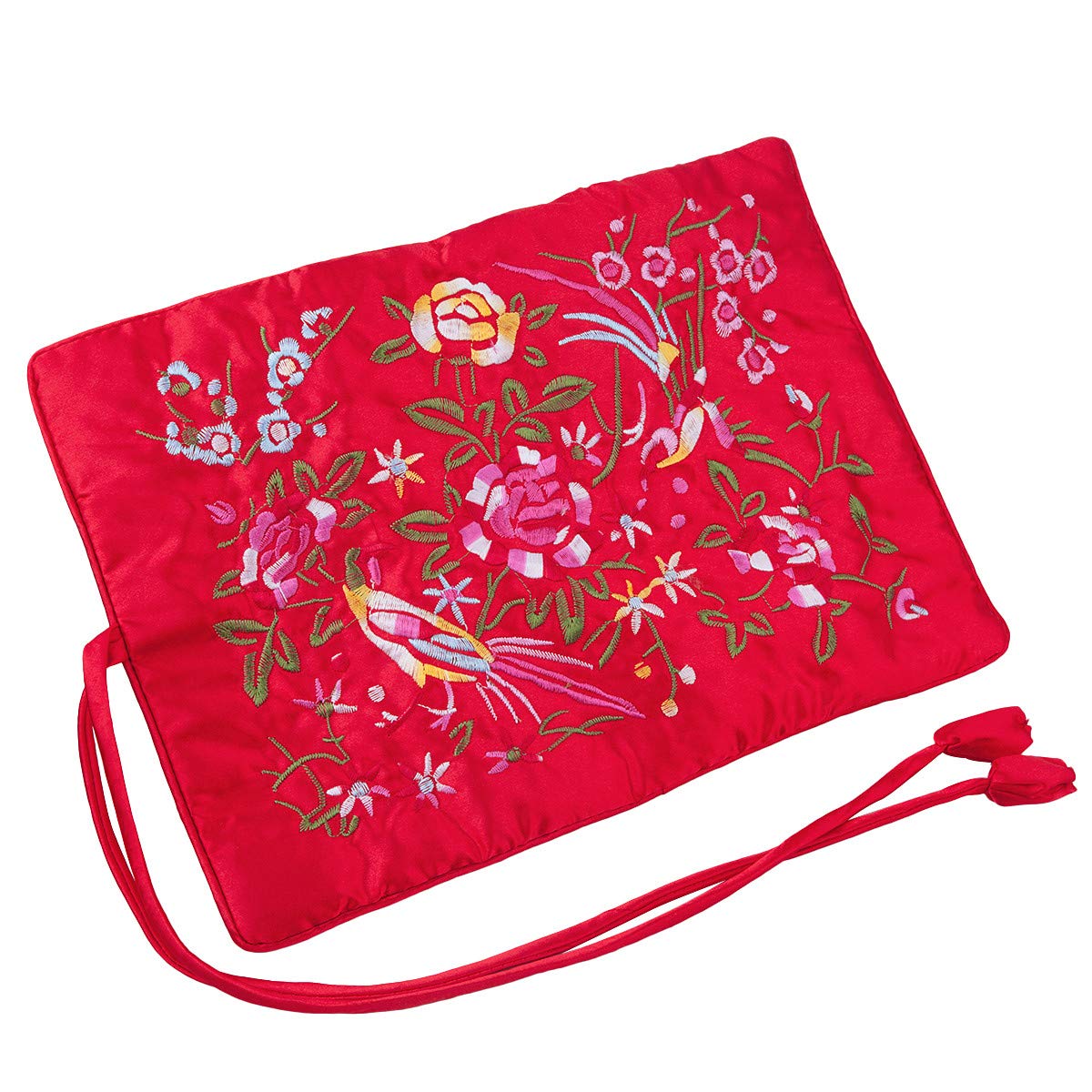 TUMBEELLUWA Embroidery Travel Jewelry Bag Roll Embroidered Flower and Bird Brocade Organizer with Tie Close, Red