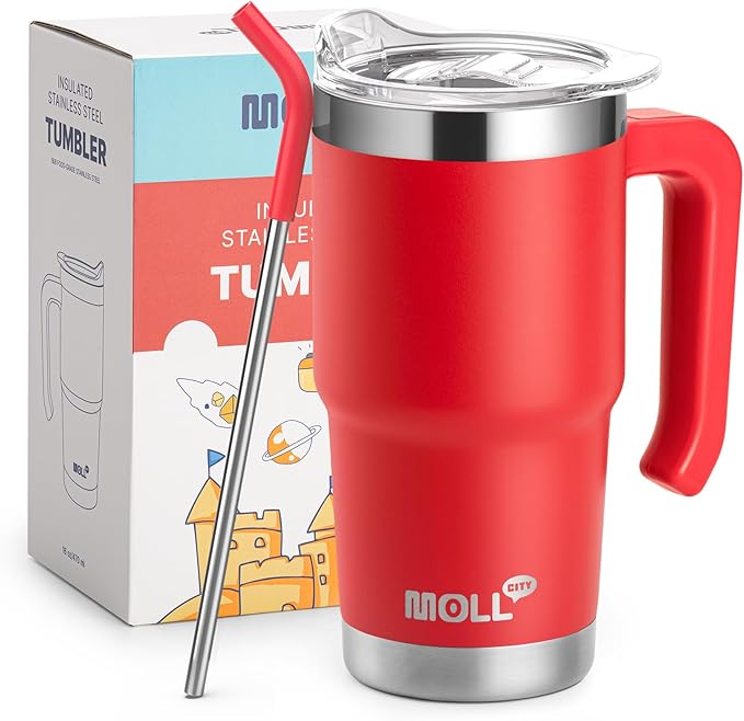 Kids Tumbler with Handle-16 oz Stainless Steel Vacuum Insulated Water Cup with Lid and Straw for Travel, Cupholder Friendly-Gift for Girl-Canyon Red