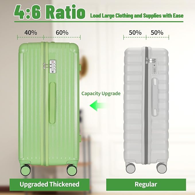 Carry-on 20 Inch and 28 Inch Square Thickened ABS+PC Hard Shell luggage, 2-Piece Suitcase Set with TSA Lock & Dual Zipper Mesh Inner Layer Design, Avocado Green