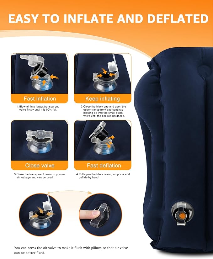 Sunany Travel Pillow, Inflatable Neck Pillow Used for Airplanes/Cars/Buses/Trains/Office Napping with Eye Mask/Earplugs (Blue)