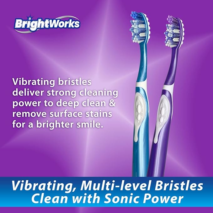 BrightWorks Sonic Battery Powered Toothbrush (2-Pack) (Blue/Purple) Soft Multi-Level Bristles for Whole Mouth, Vibrating Bristles Deep Clean, with Whitening Pads and Tongue Cleaner.