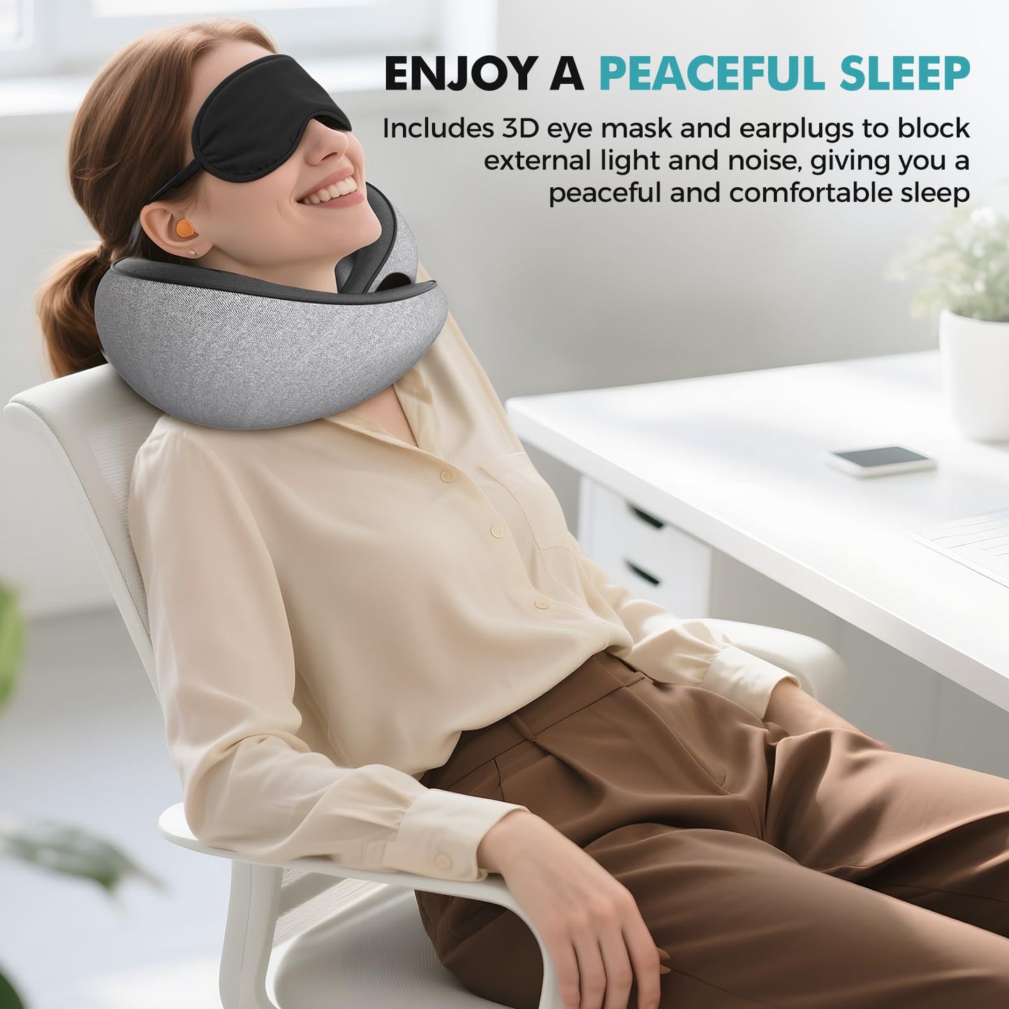 FIOGIKO Travel Neck Pillows for Airplanes - 360° Ergonomic Memory Foam Travel Pillow - Relief Neck Pain with Breathable Support for Long Flights, Car, Train & Office Use - Adults & Kids