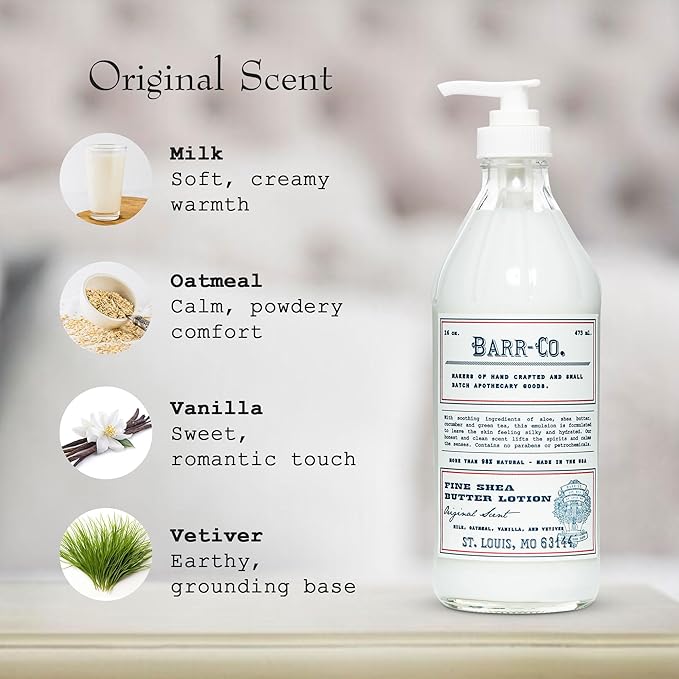BARR-CO. Original Scent Shea Butter Lotion, Tranquil and Comforting Milky Scent with Oat, Vanilla & Vetiver, Shea Moisturizing Lotion for Sensitive Skin, 16 fl oz