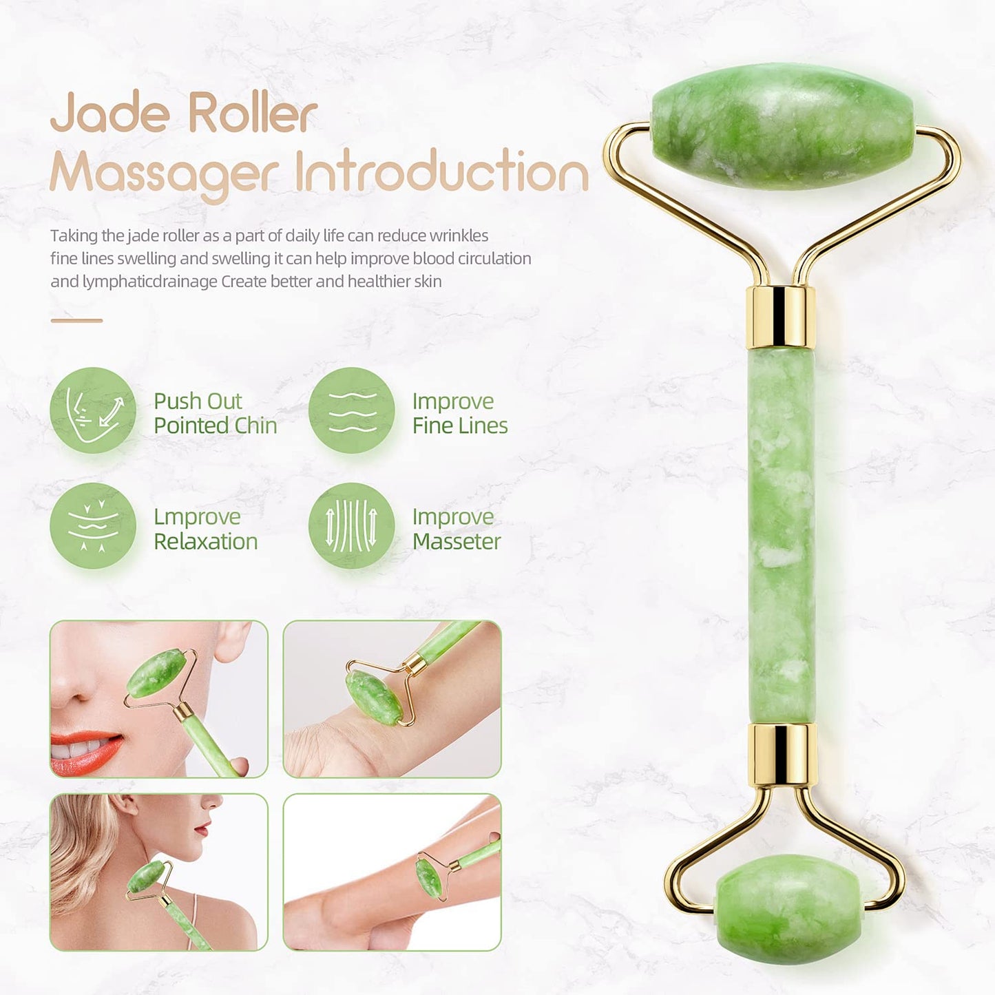 Natural Jade Roller and Gua Sha Set for Face Eyes Tool Jade Facial Roller Noiseless Facial Massage Roller