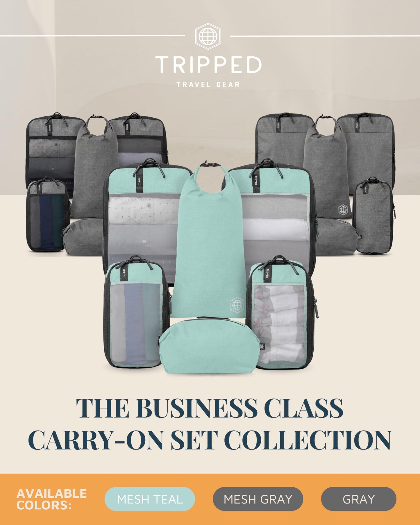 Premium Compression Packing Cubes for Travel, Compression Packaging Cube, Zip Bags Premium 6-Piece Set with laundry bag and shoe bag by TRIPPED Travel Gear (Dusty Teal Mesh)