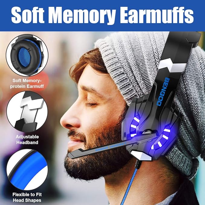 BENGOO G9000 Stereo Gaming Headset for PS4 PC Xbox One PS5 Controller, Noise Cancelling Over Ear Headphones with Mic, LED Light, 7.1 Surround Sound, Soft Memory Earmuffs for Nintendo Xbox Series X|S