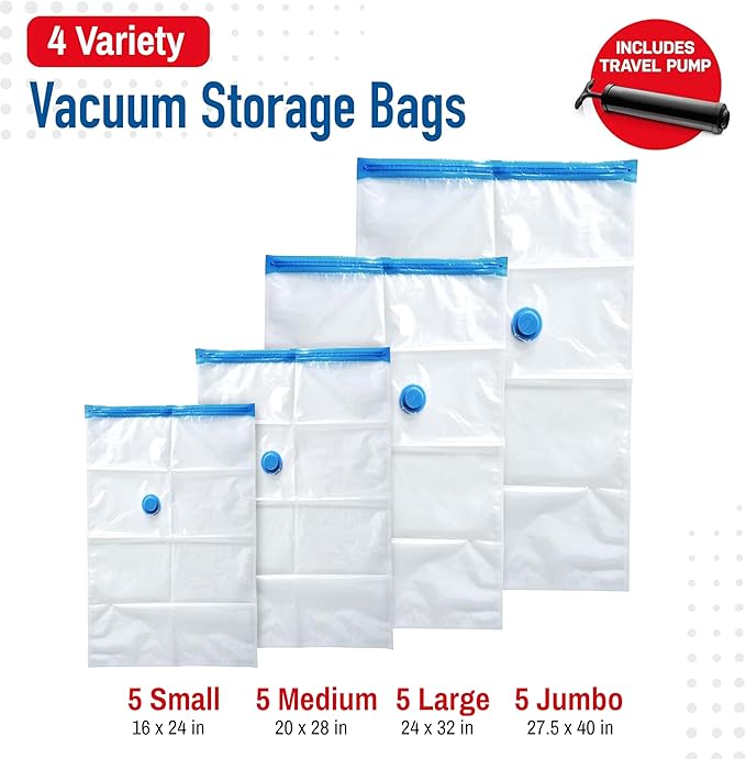 20-Pack Variety Vacuum Storage Bags for Comforters, Blankets & Clothes – Vacuum Sealed Compression Bags with Hand Pump – Space Saver Storage Bags for Bedding,Travel & Organization (5S, 5M, 5L & 5XL)