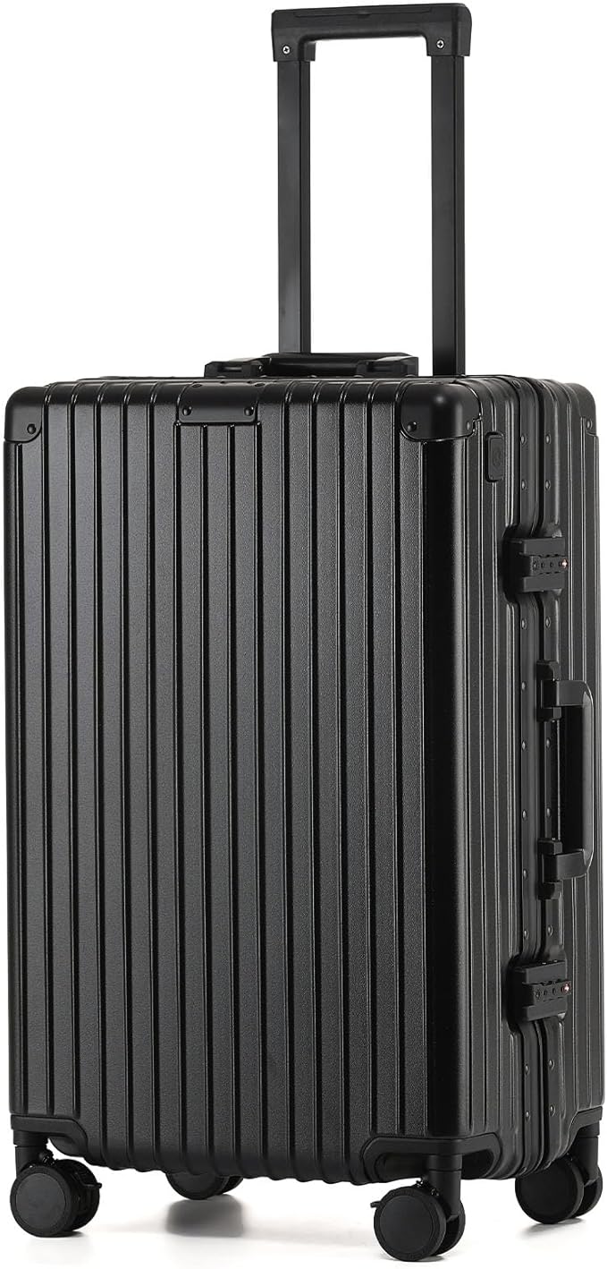 24 Inch Zipperless Checked Travel Luggage with Spinner Wheels,ABS+PC Hard Shell Suitcase with TSA Approved USB Port,Cup & Phone Holder for Women Men,Black