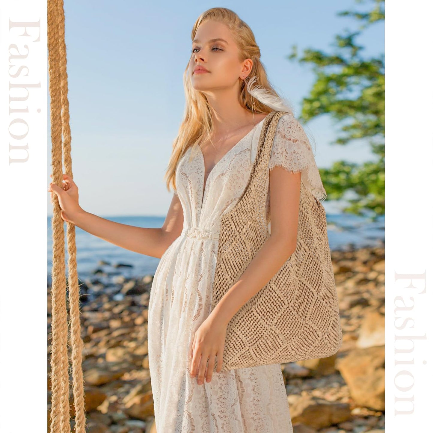 Sightor Crochet Tote Bag, Mesh Beach Bag Knit Summer Hobo Bag Vacation Boho Tote Bag for Women (Brown)