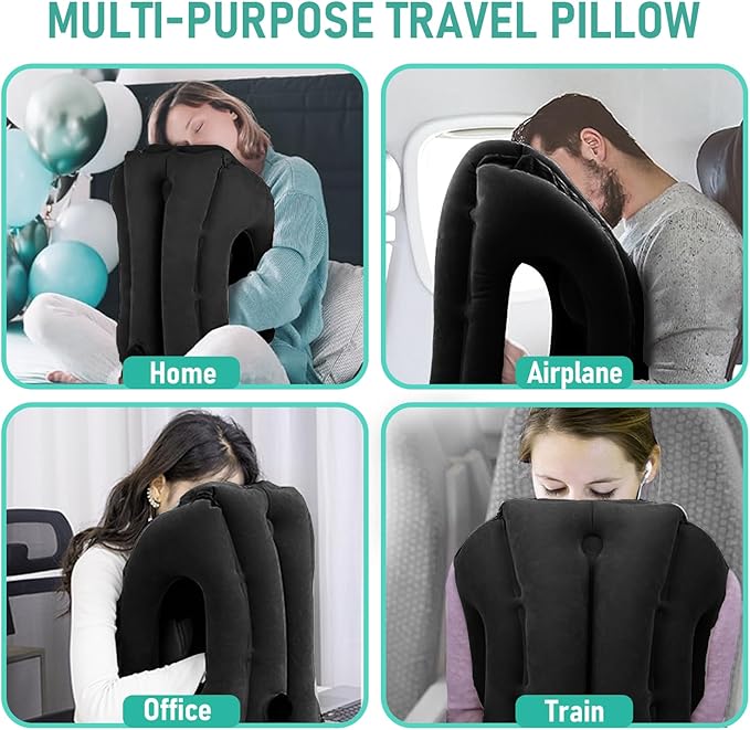 Inflatable Travel Pillow for Airplanes, Airplane Pillow for Supports Neck, Used for Planes, Trains, Cars, Includes Storage Bag, Eye Mask & Earplugs (Black)