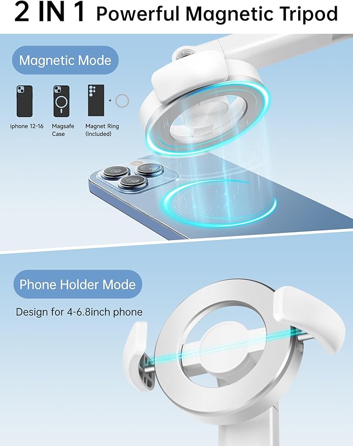 70" Magnetic Tripod for iPhone Magsafe, Extendable Selfie Stick Tripod with Rechargeable Remote & Magnetic Holder, 360° Rotatable Cell Phone Tripods Stand for Video Recording & Content Creation