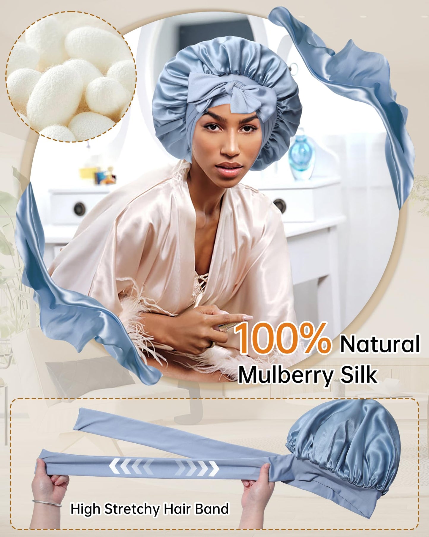 100% Mulberry Silk Bonnet for Sleeping Women Silk Hair Bonnet Elastic Tie Band with Silk Hair Scrunchies Silk Sleep Eye Mask(Mist Blue+Sky Blue)