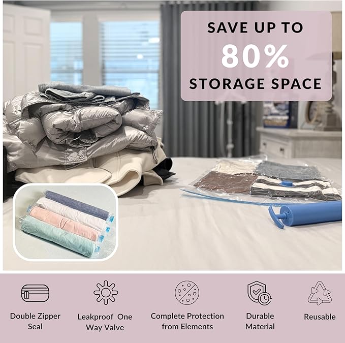 25 Pack Vacuum Storage Bags with Pump, Compression Space Saver for Comforter, Bedding, Blanket Storage, Vacuum Seal Bags for Clothing, Luggage and Closet Organizer