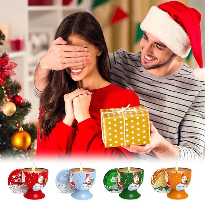 Set of 4 Christmas Snowman Santa Claus Scented Candles Gift Set for Home Women, 4.4oz Natural Soy Wax Strong Cedar, Lavender, Apple&Cinnamon and Vanilla&Jasmine Aromatherapy Candles