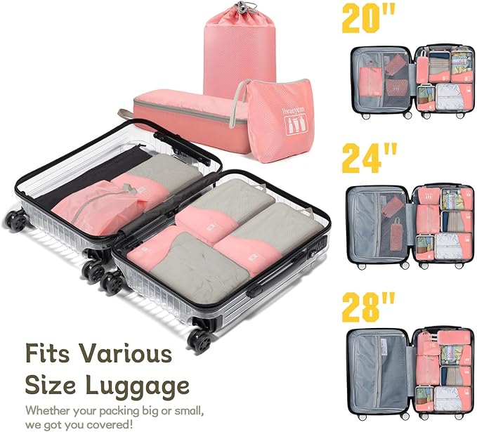 Compression Packing Cubes 8 Set, Dual Zipper Compression Packing Cubes for Travel, See-Through Mesh Packing Bags for Suitcases, packing cubes with shoe bag (Pink)