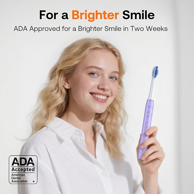 Bitvae Ultrasonic Electric Toothbrush for Adults and Kids, ADA Accepted Travel Toothbrush with Rechargeable 60-Day Battery Life, 5 Modes, 8 Heads, Case, Holder, Purple