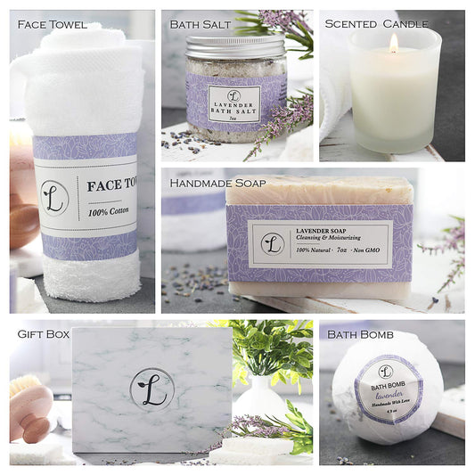Spa Gift Set, Natural Lavender, Gift Box Includes Bath Bomb, Bath Salt, Hand Soap, Scented Candle, Face Cloth and Gift Box. Best Gift for Her (Spa Gift Set)