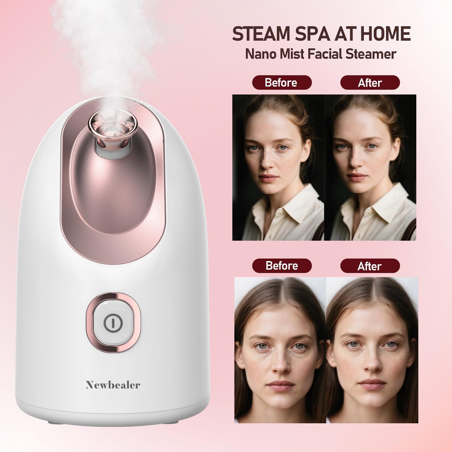 Newbealer Facial Steamer, Mini Aroma Face Steamer, Nano Ionic Hot Mist Face Humidifier for Facial Deep Cleaning, Home Sauna Spa Sprayer with 9 Pieces Acne Remover Kit (White-Gold, 160 ML)