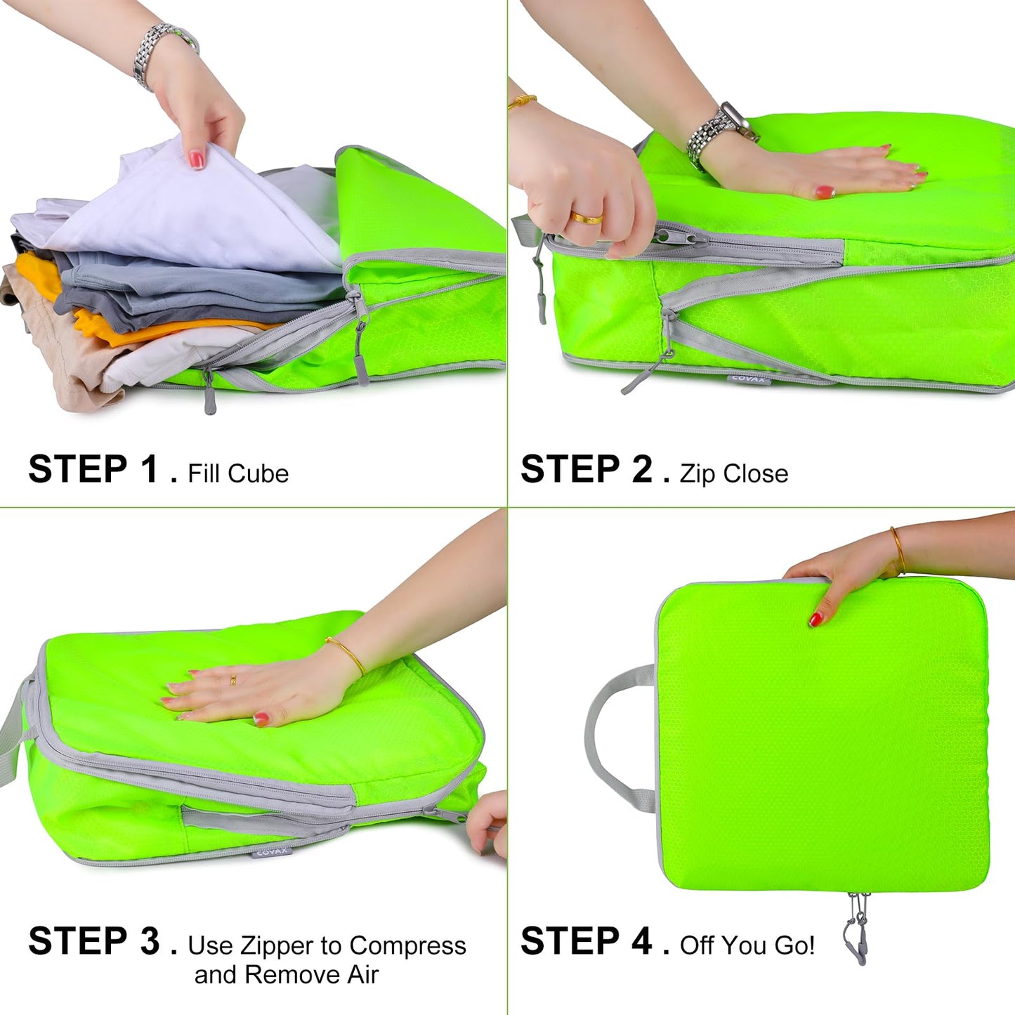 COVAX 4 Set Compression Packing Cubes, Travel Luggage Organizers and Storage Packing Cubes, Fluorescent Green