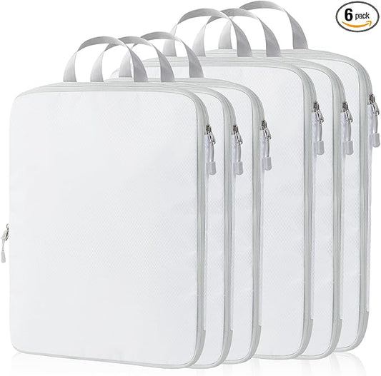 Compression Packing Cubes, 6 Set Packing Cubes for Travel Compression, Lightweight Compressible Package Organizer for Carry On and Suitcases, White and Grey