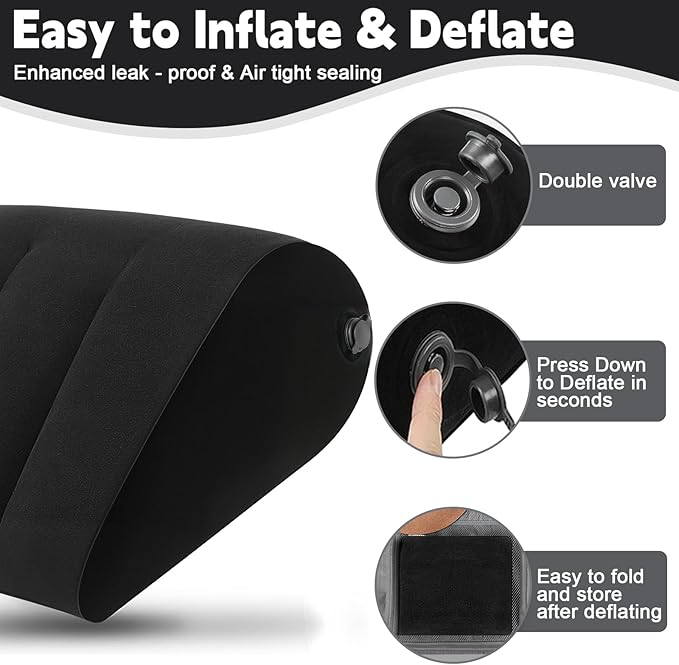 TheClover Travel Wedge Pillow for Sleeping – Inflatable Bed Wedge for Camping, Airplane & Outdoor Trips, Compact Support Cushion for Comfortable Rest & Sleep Aid (Black)