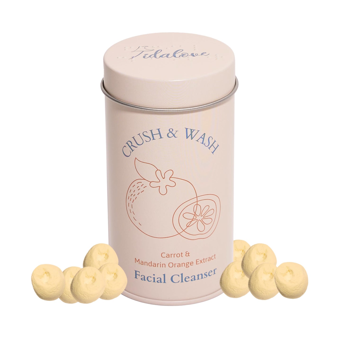 Tidalove 3-in-1 Solid Facial Cleanser, Exfoliator, and Wash-off Mask - Vegan, Cruelty-Free, Plastic-Free, Travel-Friendly, 1 Month Supply (60 Crushable Tablets) in Tin (Brightening Beans in Tin)