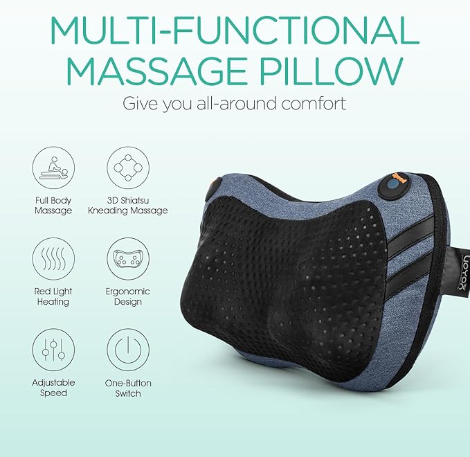 VOYOR-HEALTH Shiatsu Neck and Back Massager with Heat - 3D Kneading Deep Tissue Massage Pillow for Lower Back, Shoulder, Calf, Foot, Use at Home, Car, Office (Pale Blue)