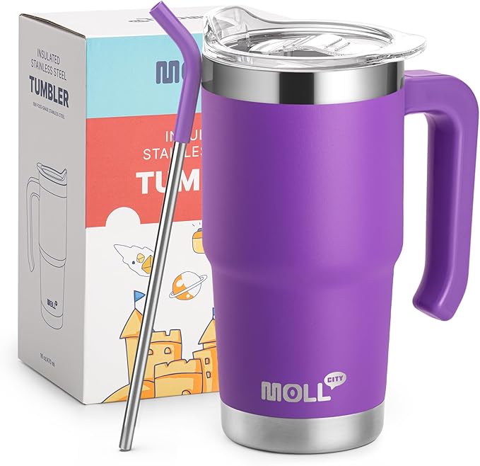 Kids 16 oz Tumbler with Handle-Stainless Steel Double Wall Vacuum Insulated Water Cup with Lid and Straw, Leak Proof- BPA Free, Purple