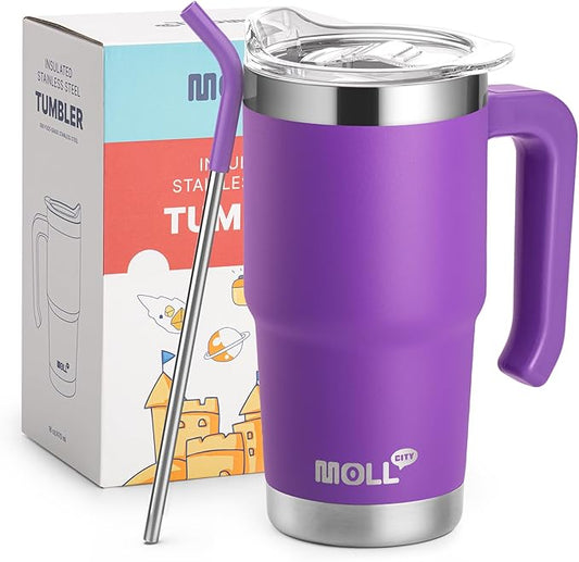 Kids 16 oz Tumbler with Handle-Stainless Steel Double Wall Vacuum Insulated Water Cup with Lid and Straw, Leak Proof- BPA Free, Purple
