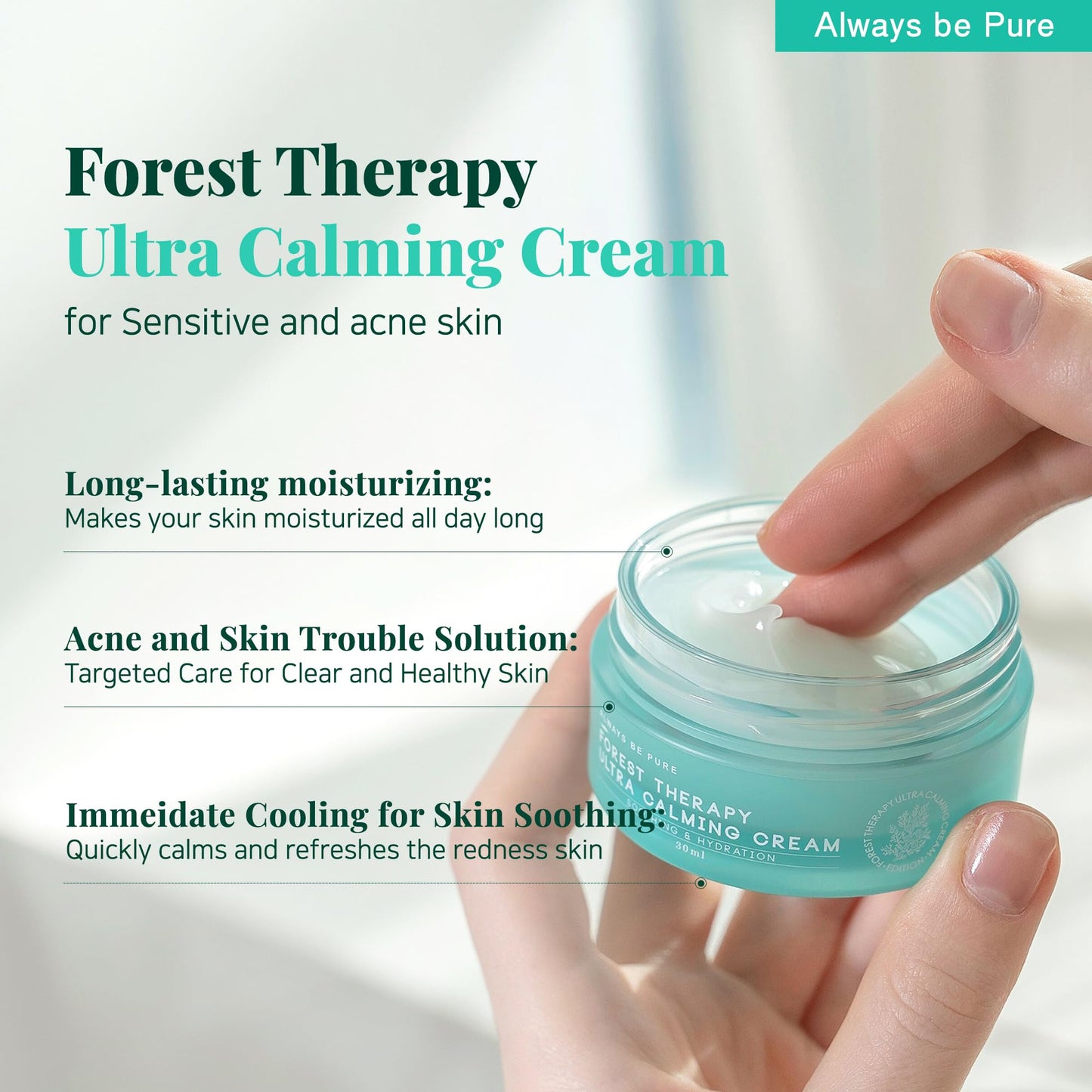 ALWAYS BE PURE Forest Therapy Ultra Calming Cream Soothing Moisturizer for Sensitive, Acne-Prone Skin - Redness Relief, Deep Hydration, Trouble Care - Korean Skin Care 2.70 Oz