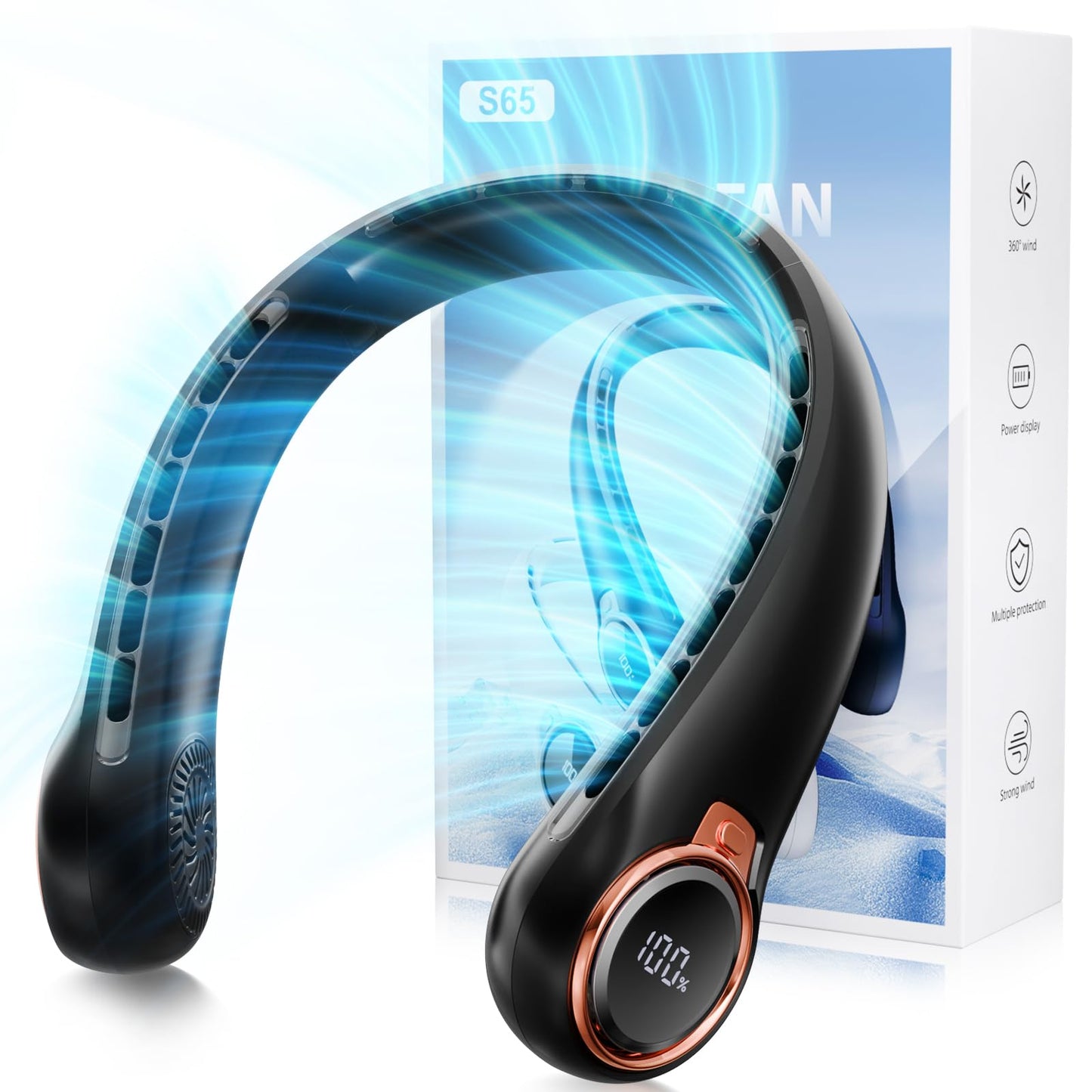 ZHZW Portable Neck Fan with 6000mAh USB - Rechargeable Battery, Ultra-Light Bladeless Neck Fan LED Display, 360° Cooling Wearable Fan, 3 Speeds (black)