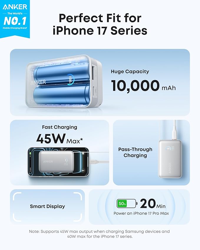 Anker Nano Portable Charger, 10,000mAh 45W Max Compact Power Bank, Travel Essential Phone Battery Pack with 2.3 ft InstaCord Retractable Cable for iPhone 17/16 Series, iPad, Galaxy, Pixel, and More