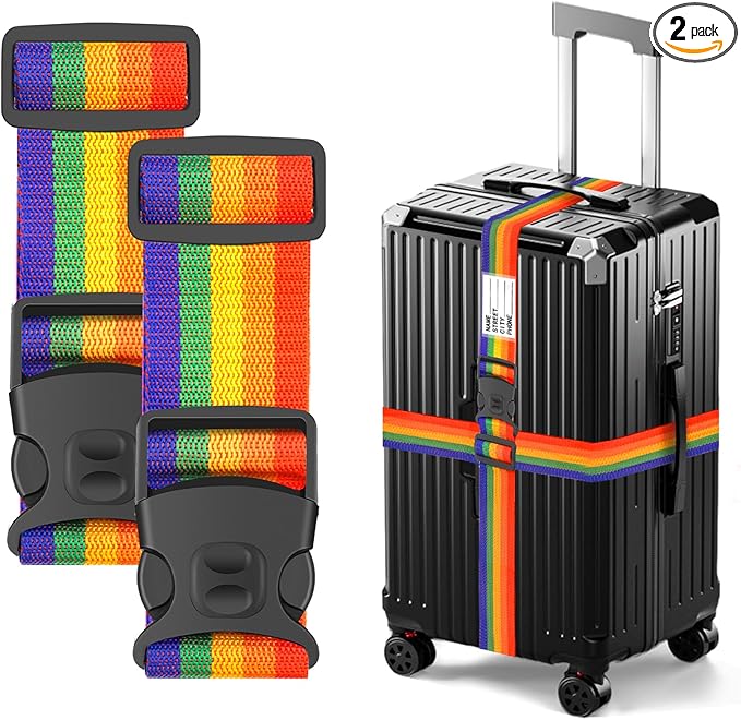 BILIONE Luggage Straps 88 inch Adjustable Suitcase Belt, Lockable Against Accidental Opening, Easy to Identify Travel Accessories, Add a Bag Connector(Rainbow Rainbow, 2)