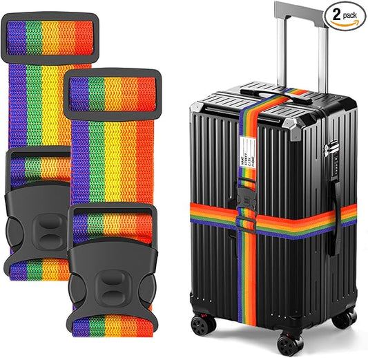 BILIONE Luggage Straps 88 inch Adjustable Suitcase Belt, Lockable Against Accidental Opening, Easy to Identify Travel Accessories, Add a Bag Connector(Rainbow Rainbow, 2)