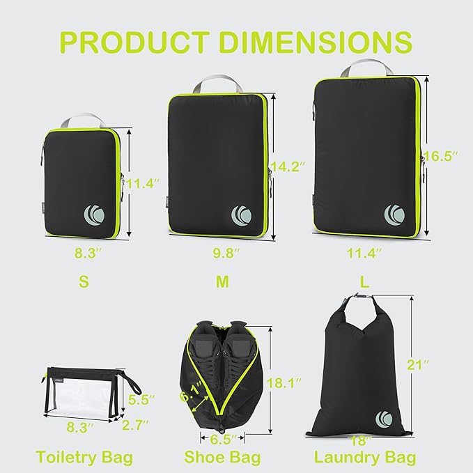 Cipway Compression Packing Cubes, Lightweight Travel Luggage Organizers with Shoe, Toiletry & Laundry Bags, Travel Essentials for Carry-on Suitcase (8 Piece, Black)