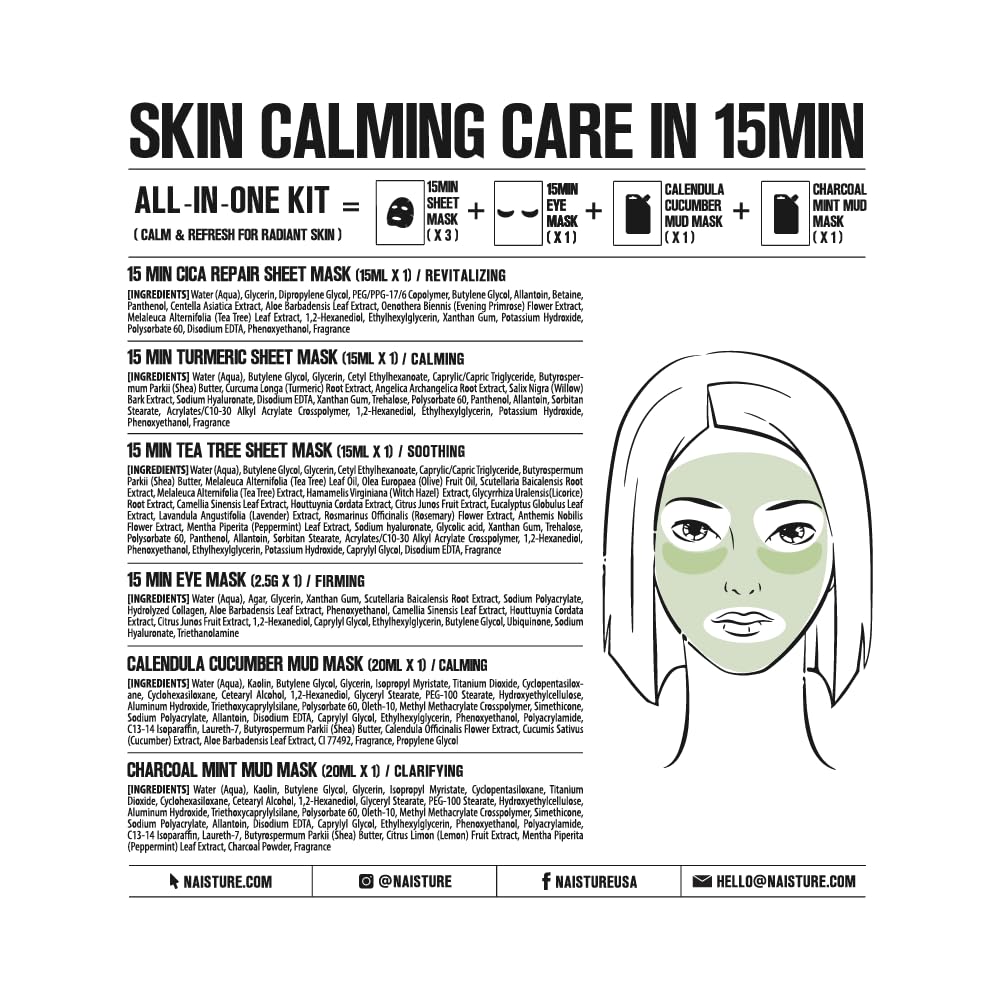 15 Min Rescue Me Kit by Naisture – Korean Spa and Skincare Kit for Women with Cica, Turmeric, and Tea Tree Sheet Masks, Eye Mask, Calendula Cucumber Mask, and Charcoal Mint Mud Mask for Redness Repair