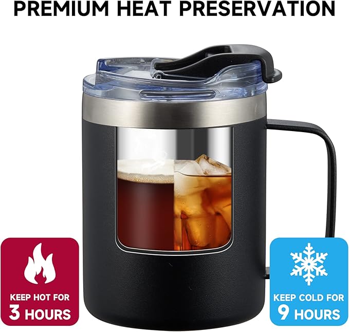 ALOUFEA 12oz Stainless Steel Insulated Coffee Mug with Handle, Double Wall Vacuum Tumbler Cup with Fliping Lid, Black, 4 Pack