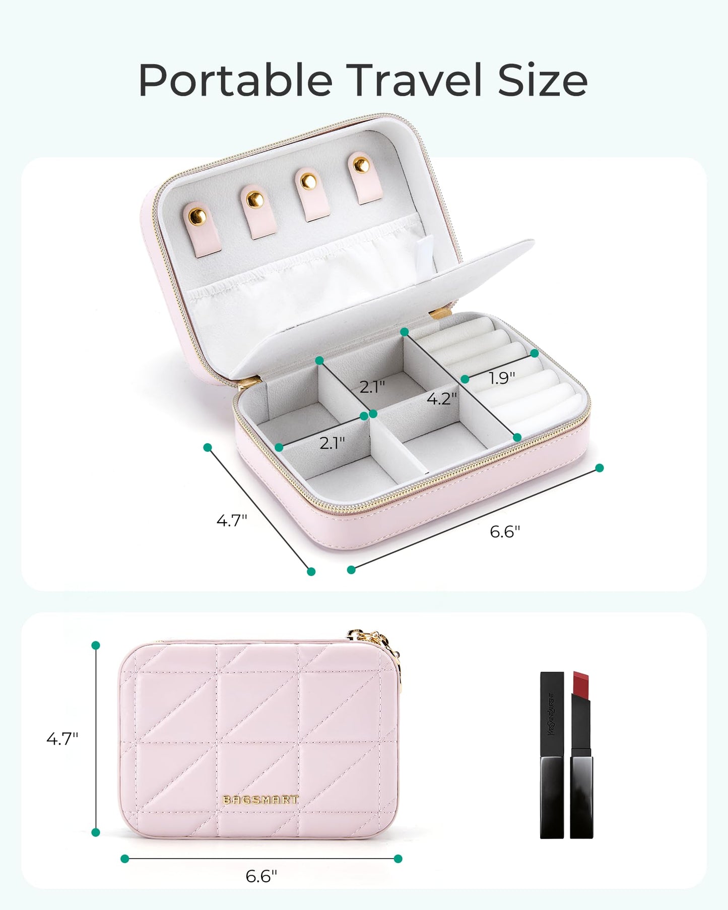 BAGSMART Travel Jewelry Box, Small PU Leather Jewelry Organizer, Portable Double Layer Case for Necklaces, Rings, Earrings, Bracelets, Pink