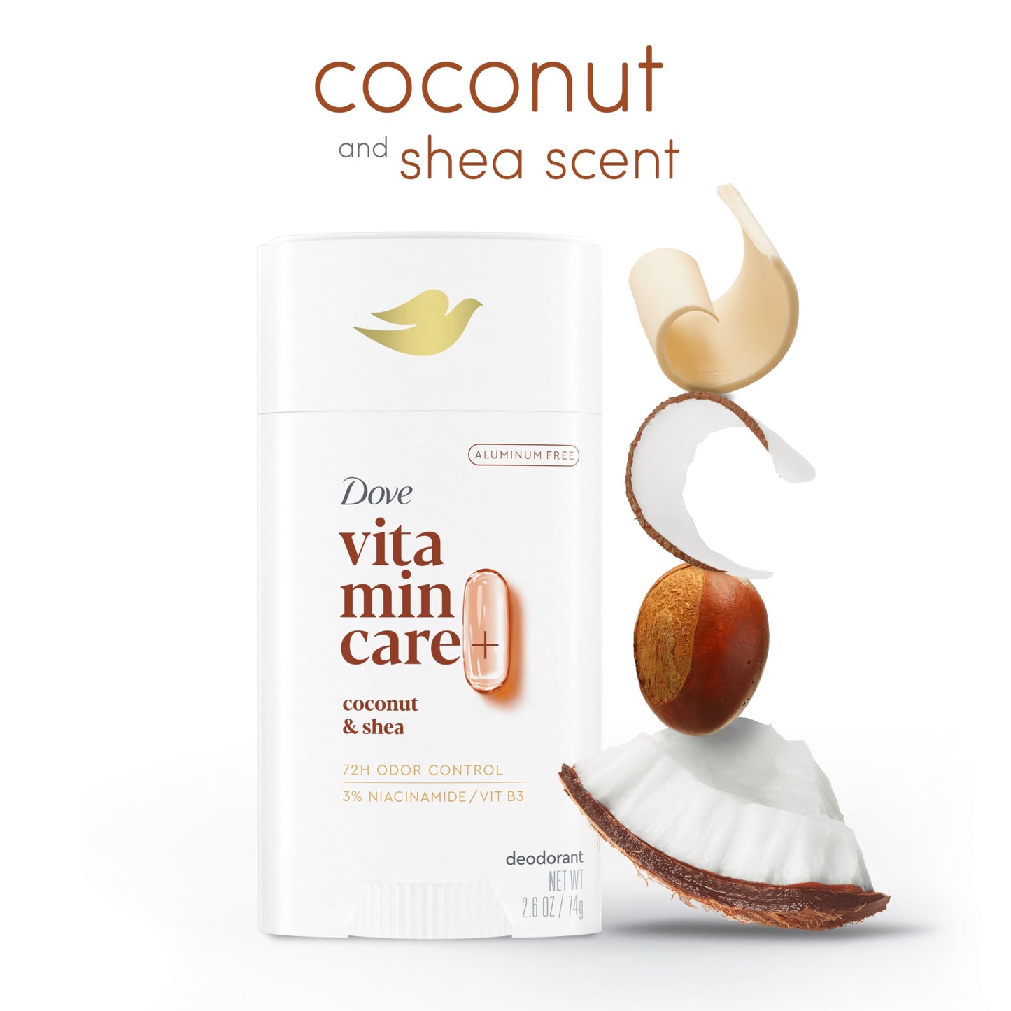 Dove VitaminCare+ Aluminum Free Deodorant Stick for 72H Odor Protection Coconut & Shea Breathable Deodorant for Women 2.6 oz