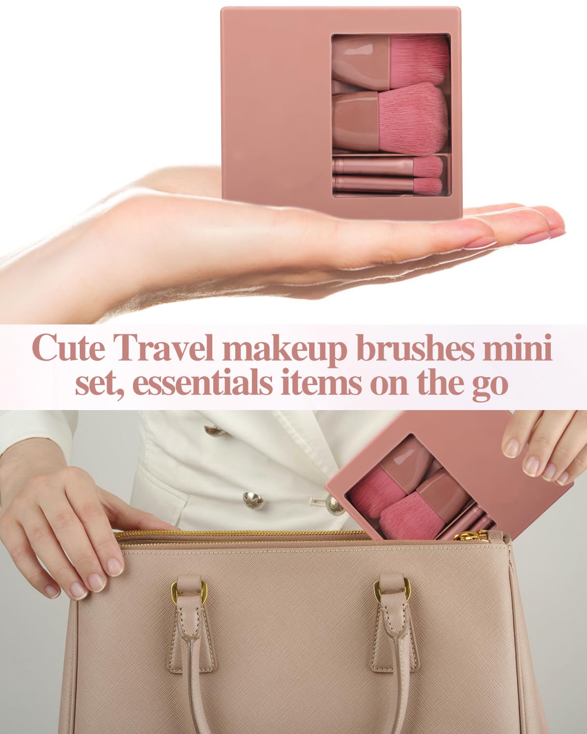 PGRODE Travel Size Makeup Brushes Mini Set with Hard Case and Built-in Mirror, 5Pcs Small Cosmetic Brushes, On the Go Brush Travel Essentials kits for Women, Girls Gift (Dark Purple)