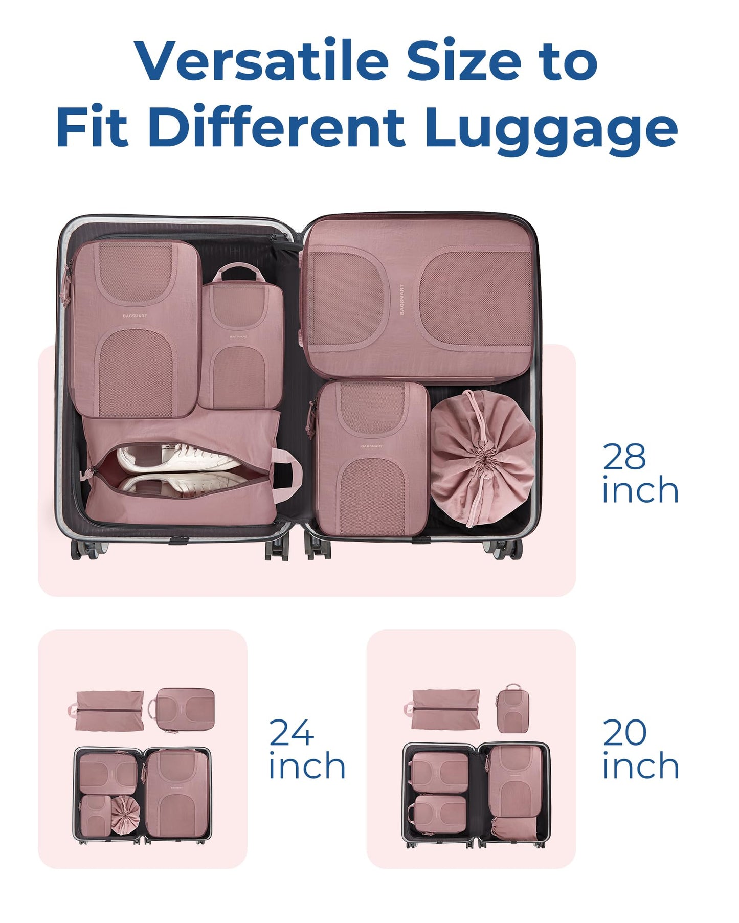 BAGSMART Compression Packing Cubes for Travel, 6 Set Packing Cubes for Suitcases, Lightweight Suitcases Organizers Bag Set & Compression Cubes, Travel Essentials Packing Organizers Dusty Pink